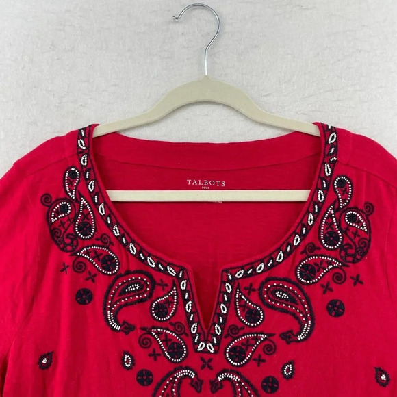 Talbots Blouse Womens Sz 2X Red Short Sleeve Paisley Studded V Neck Pullover Top - Picture 6 of 9